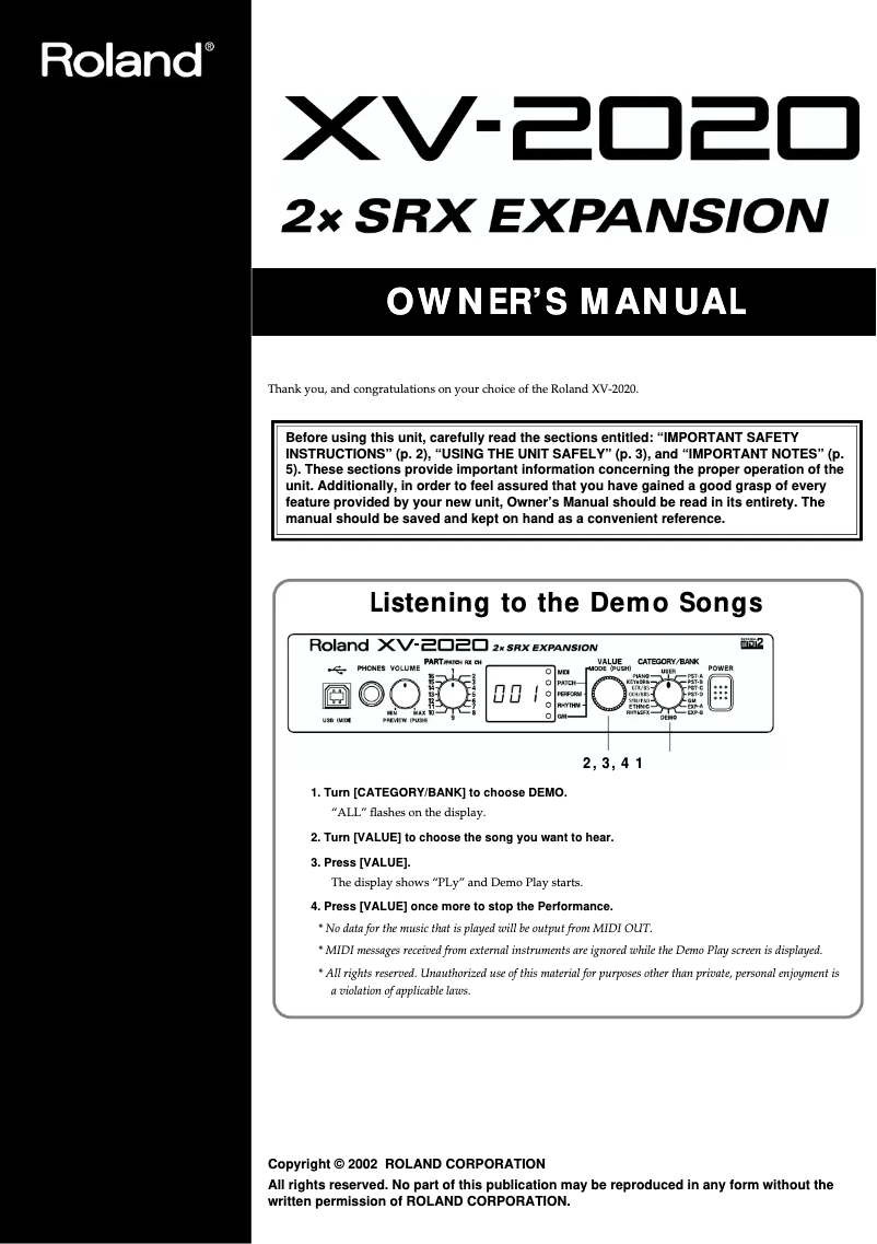 Page 1 de la notice Manuel utilisateur Roland XV-2020