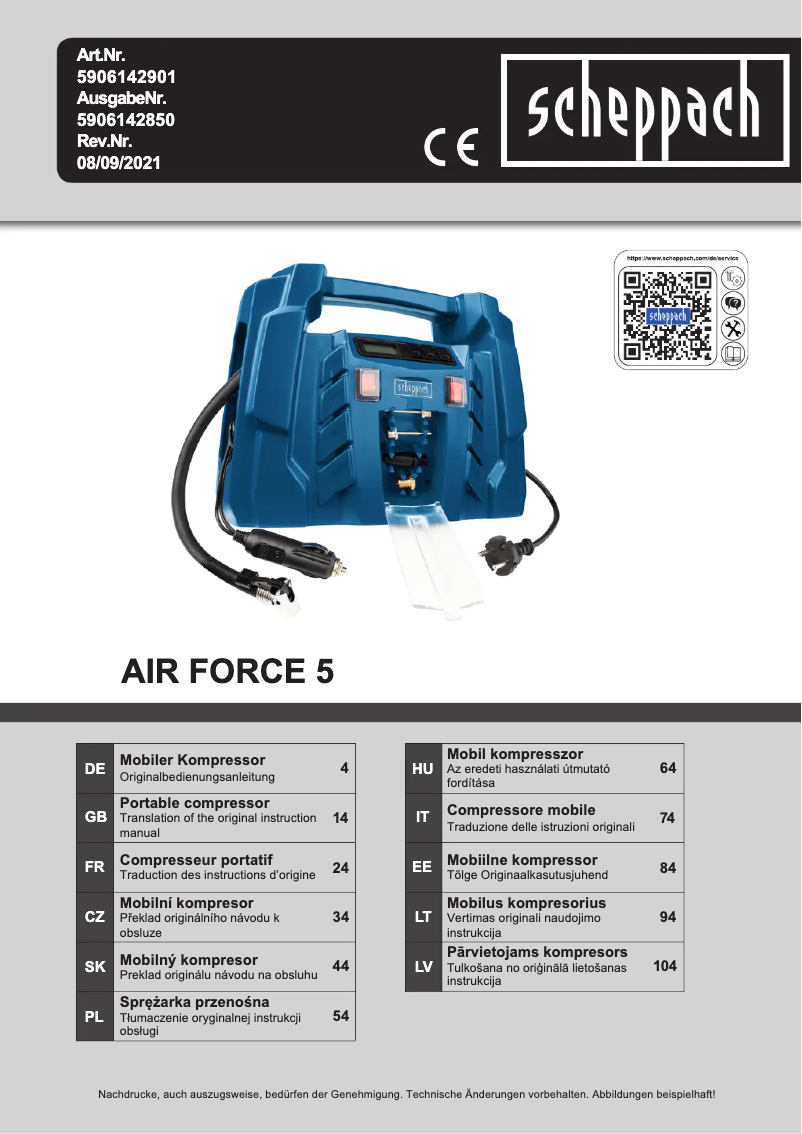 Page 1 de la notice Manuel utilisateur Scheppach Air Force 5