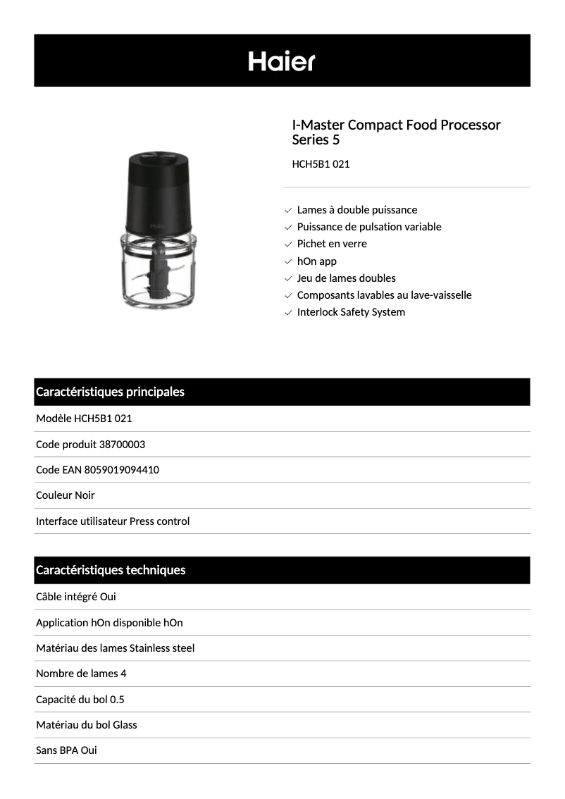 Page 1 de la notice Fiche technique Haier HCH5B1 021