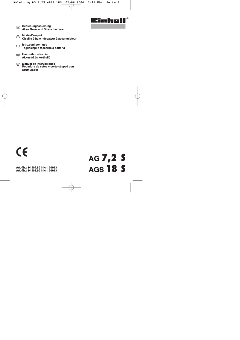 Page 1 of the manual User Manual Einhell AGS 7,2