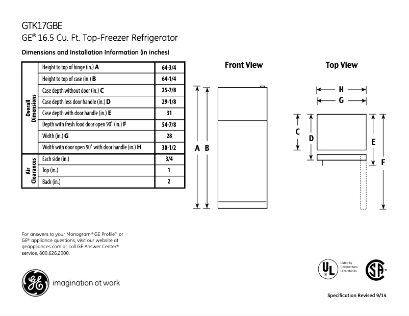 Page 1 of the manual Technical Sheet GE GTK17GBEBS