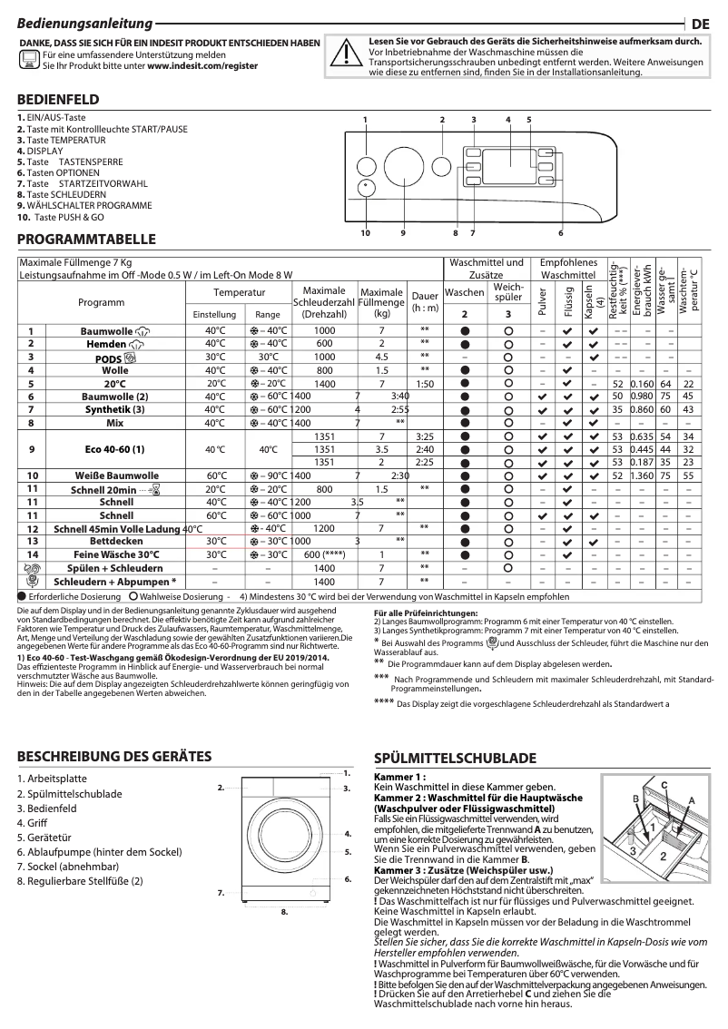 Page 1 de la notice Manuel d'utilisation et d'entretien Indesit BWEBE 71496X WKV