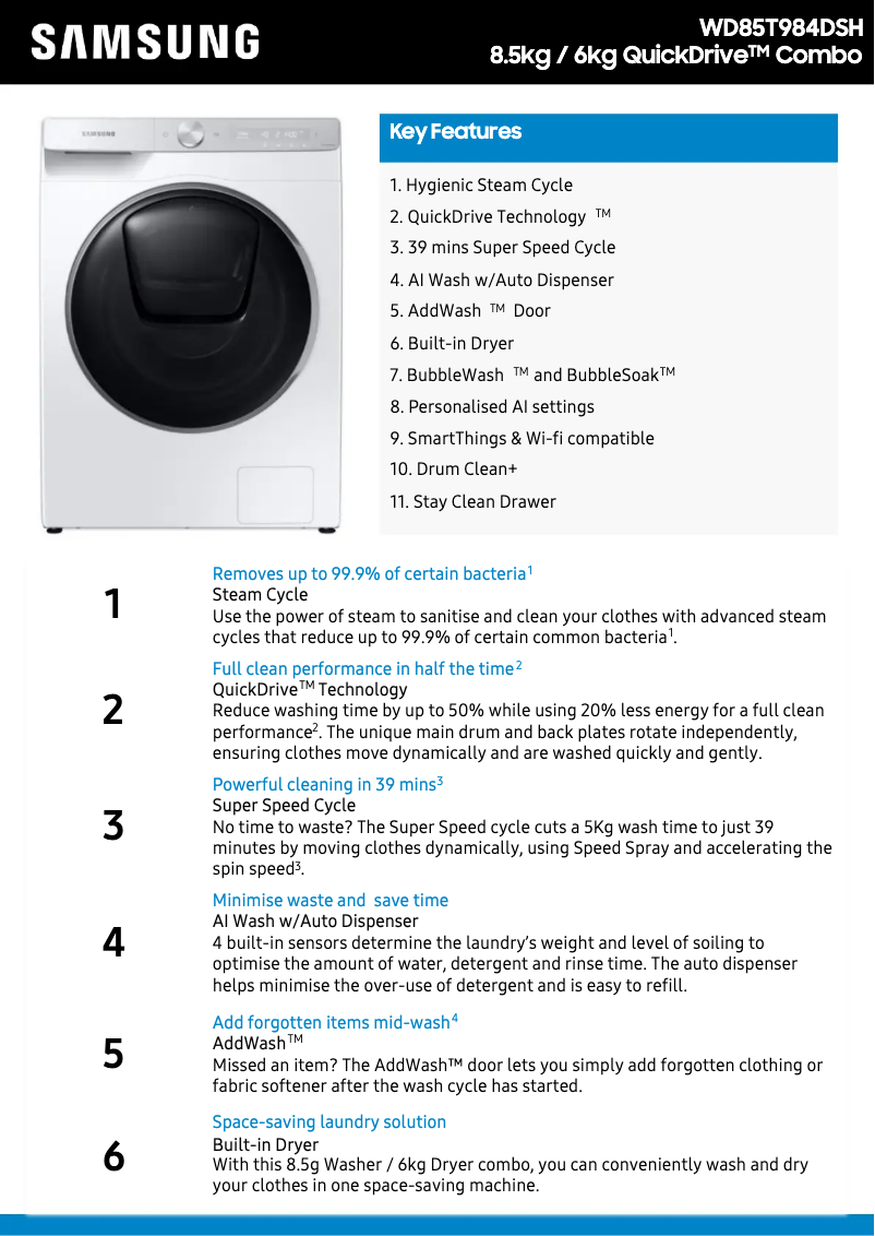 Página 1 del manual Ficha técnica Samsung WD85T984DSH