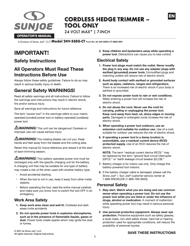 Page 1 de la notice Manuel utilisateur Sun Joe 24V-SSEG-CT
