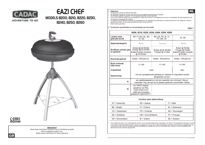 Page 1 de la notice Manuel utilisateur Cadac Eazi Chef 8260