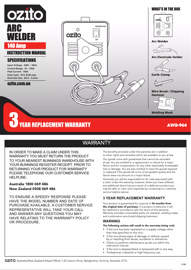 Page 1 de la notice Manuel utilisateur Ozito AWG-964