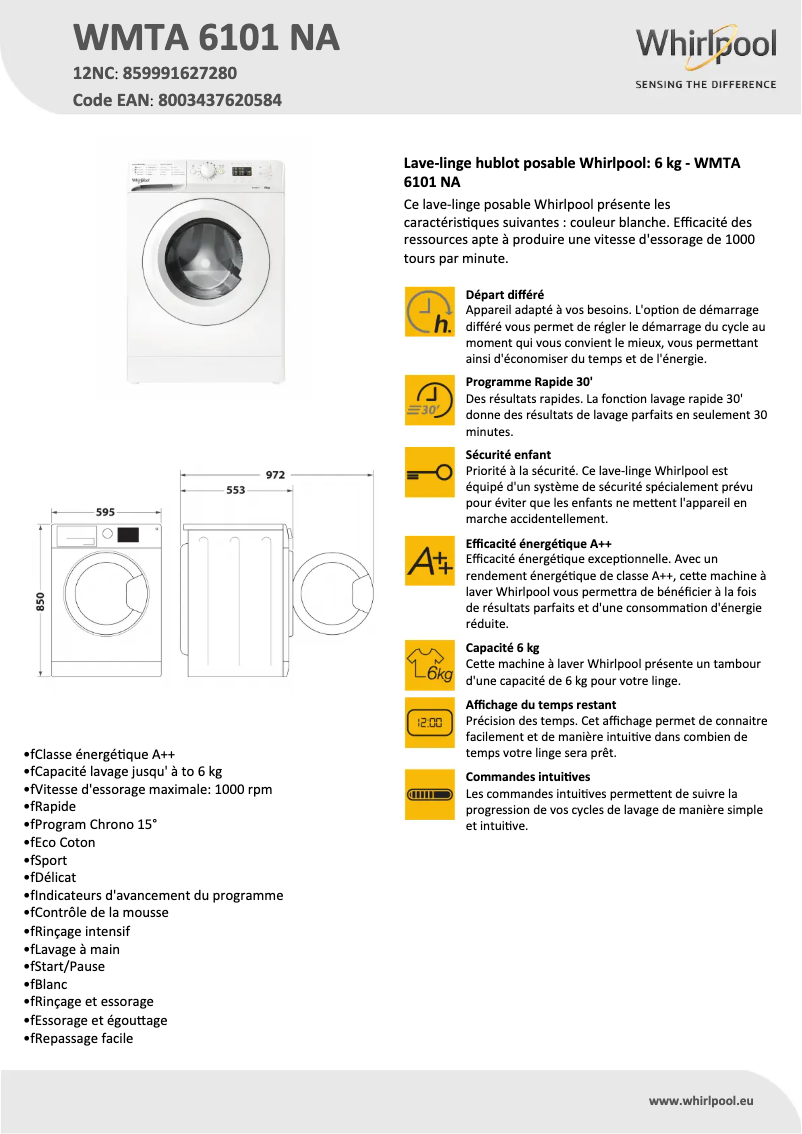 Página 1 del manual Ficha técnica Whirlpool WMTA 6101