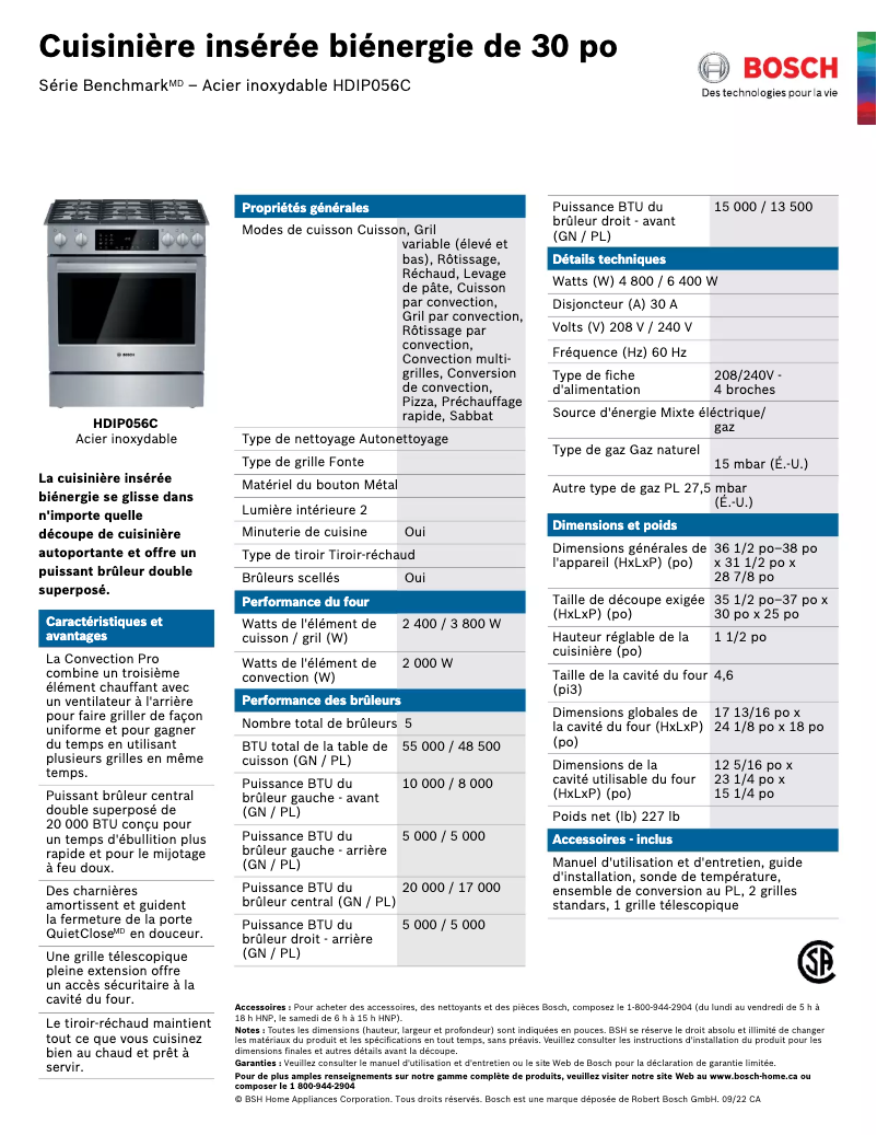 Page 1 of the manual Technical Sheet Bosch HDIP056C