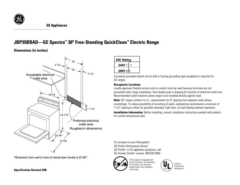 Página 1 del manual Ficha técnica GE Spectra JBP35BBAD