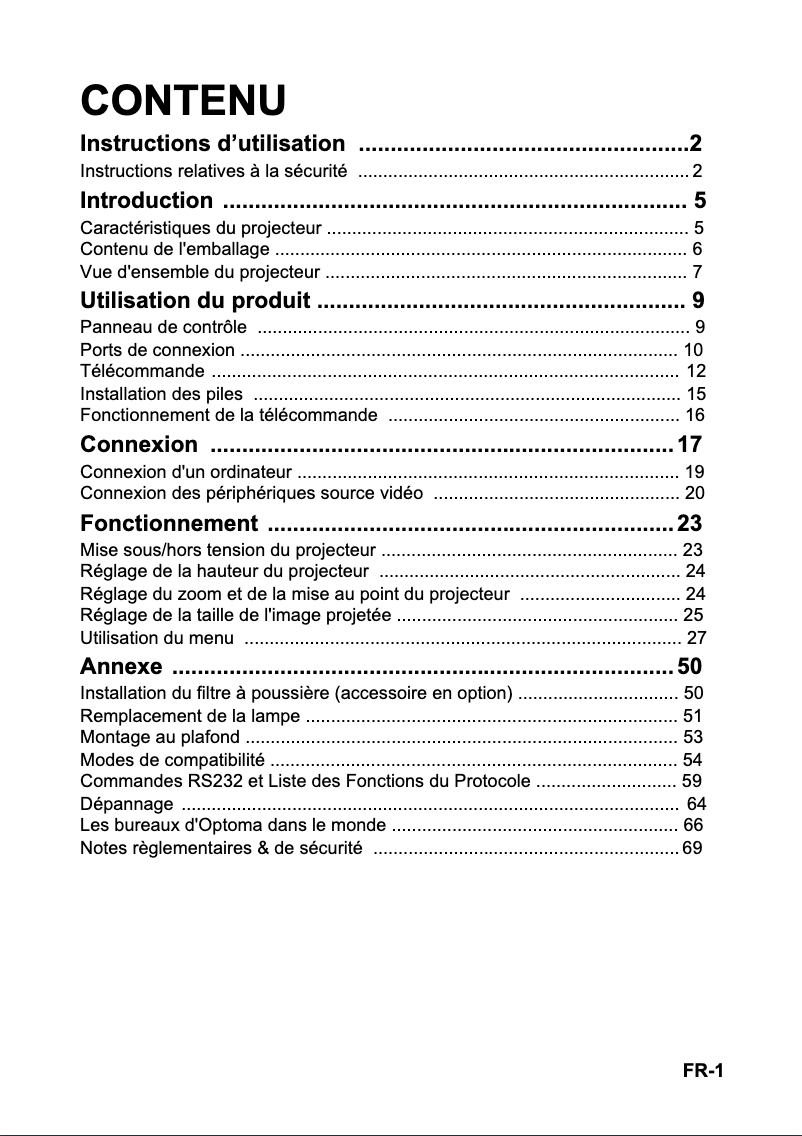 Page 1 de la notice Manuel utilisateur Optoma S310