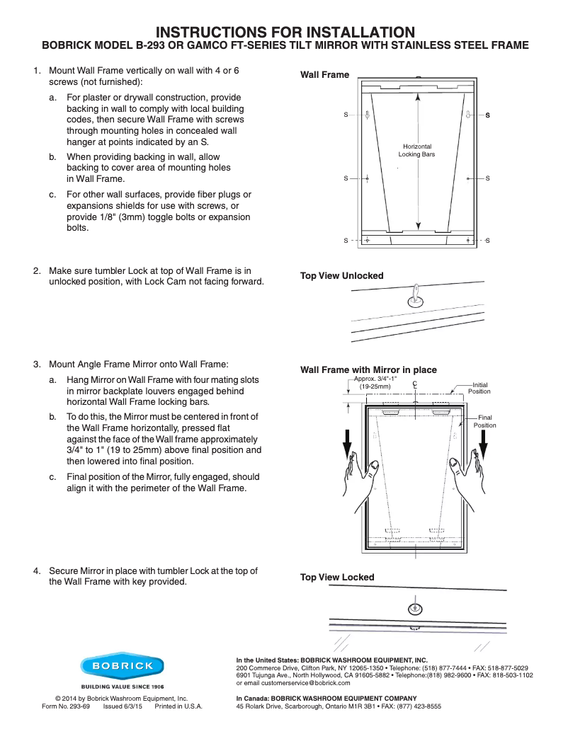 Page 1 de la notice Manuel utilisateur Bobrick B-293