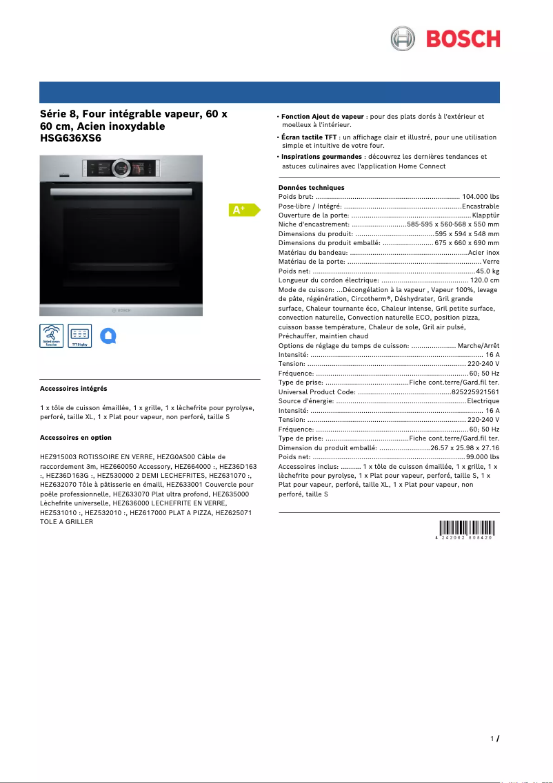 Page 1 de la notice Fiche technique Bosch HSG636XS6