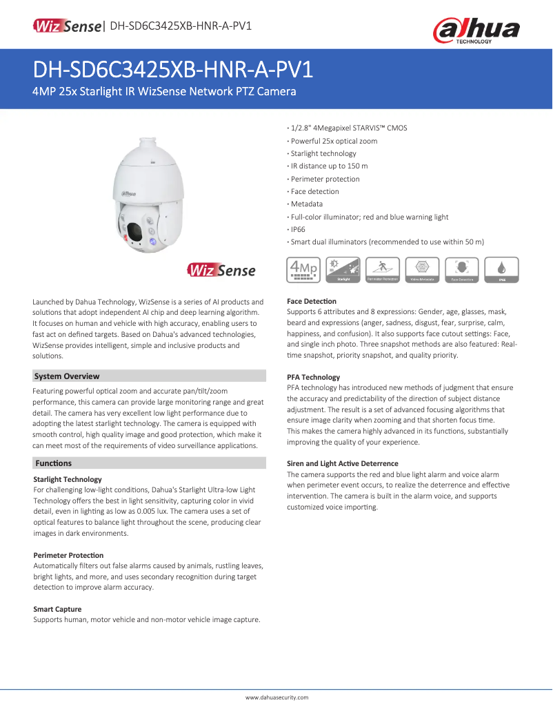 Page 1 de la notice Fiche technique Dahua Technology SD6C3425XB-HNR-A-PV1