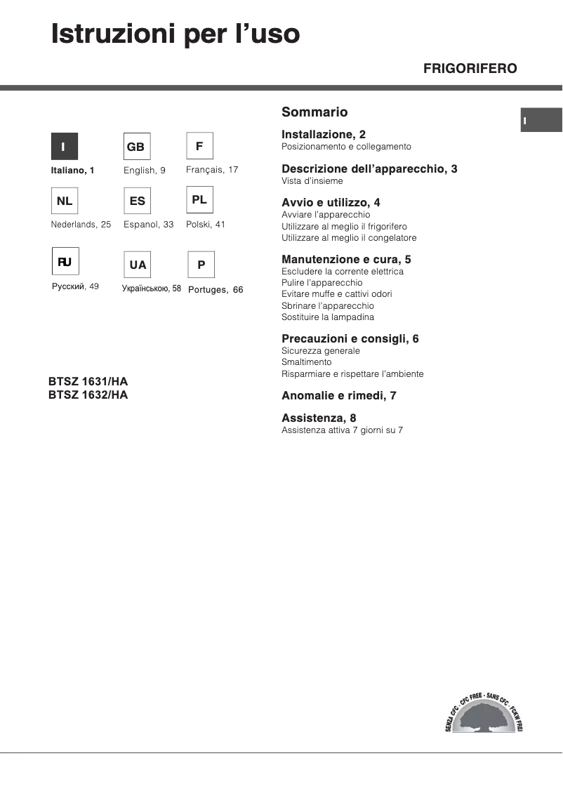 Page 1 de la notice Manuel utilisateur Hotpoint Ariston BTSZ 1631 HA