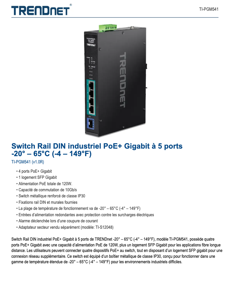 Page 1 de la notice Fiche technique TRENDnet TI-PGM541