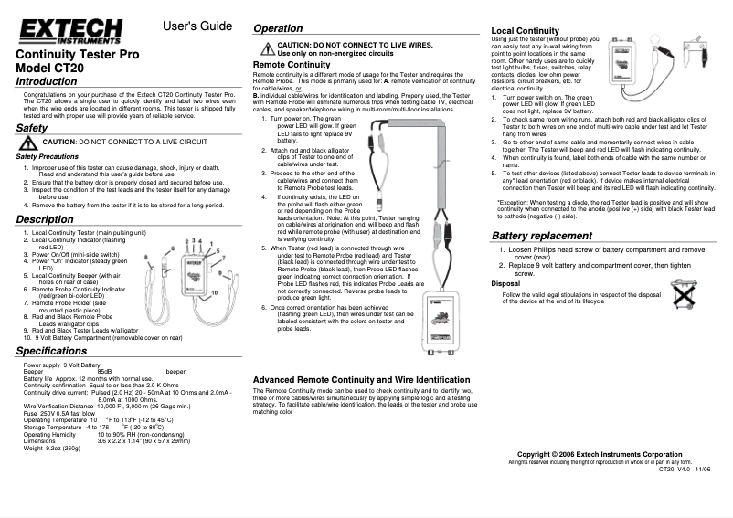 Page 1 de la notice Manuel utilisateur Extech CT20