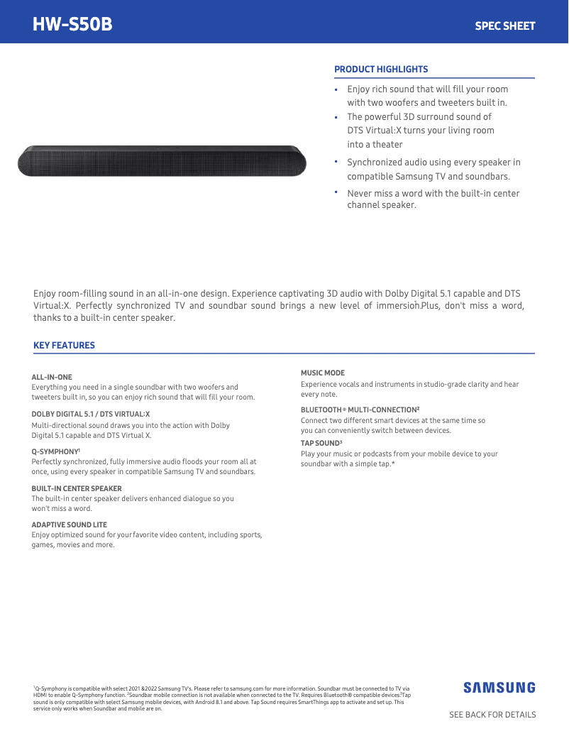 Page 1 de la notice Fiche technique Samsung HW-S50B