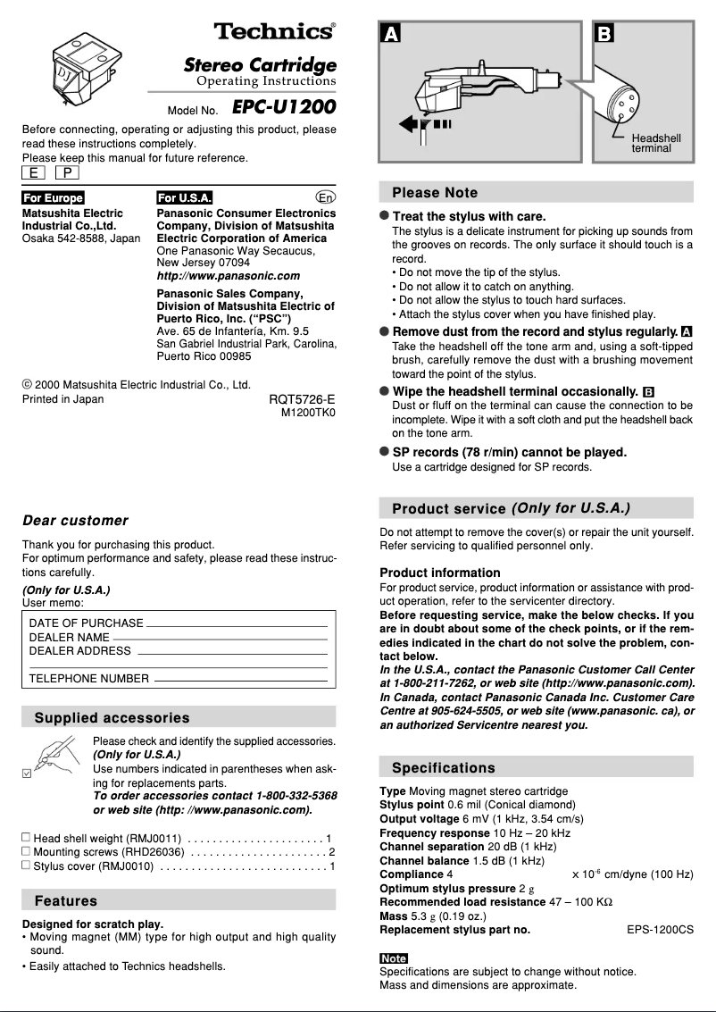 Page 1 de la notice Manuel utilisateur Panasonic EPC-U1200