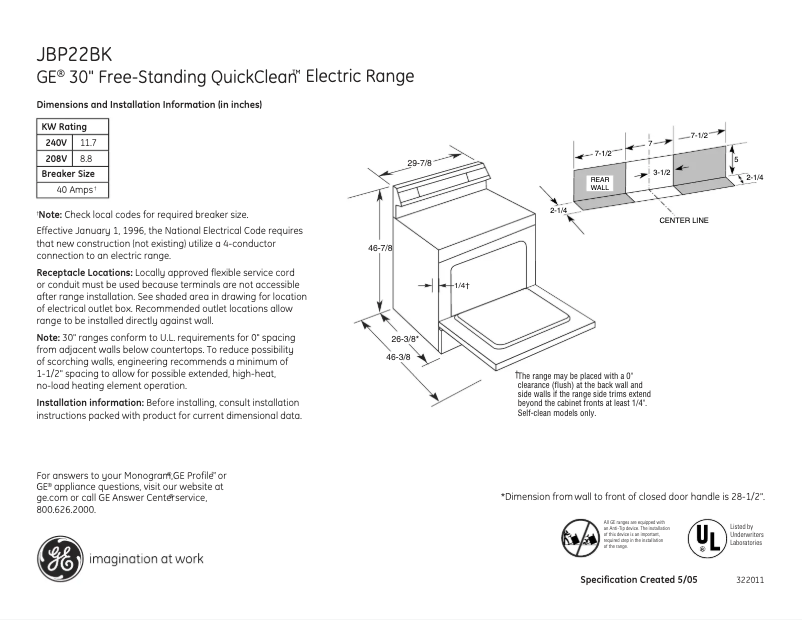 Page n°1 - Fiche technique GE JBP22BKCT
