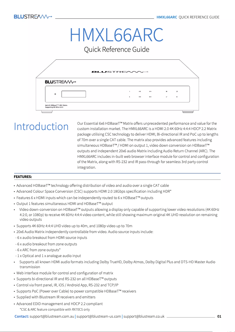 Página 1 del manual Guía de inicio rápido Blustream HMXL66ARC