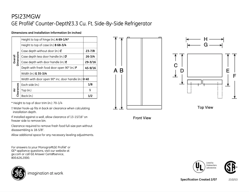 Página 1 del manual Ficha técnica GE Profile PSI23MGWCV
