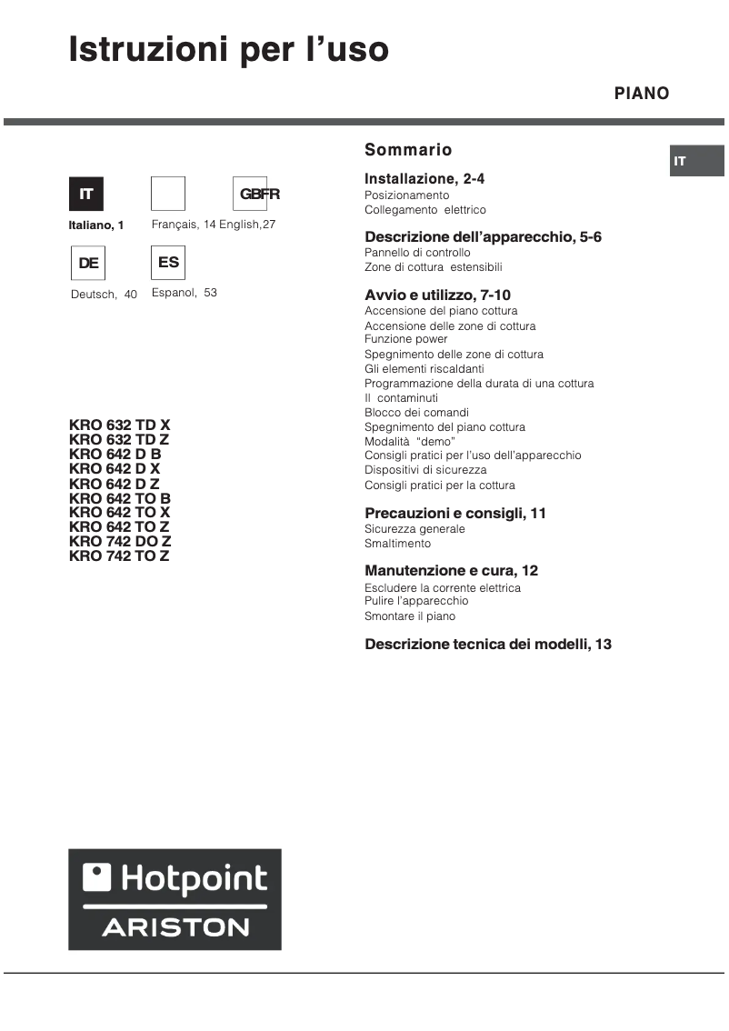 Page 1 de la notice Manuel utilisateur Hotpoint KRO 642 D Z