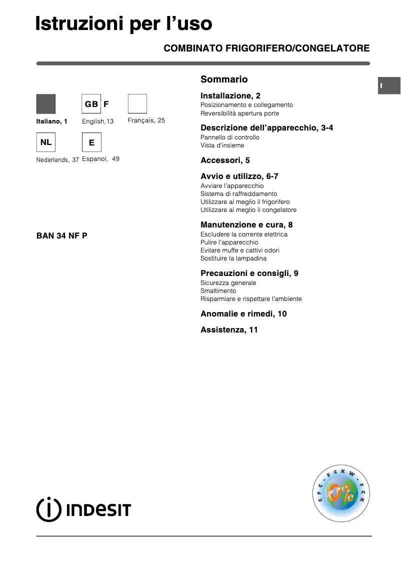 Page 1 de la notice Manuel utilisateur Indesit BAN 34NFP