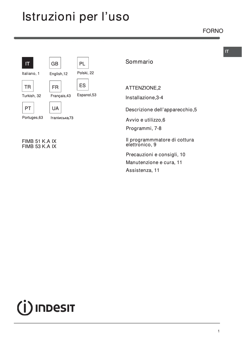Página 1 del manual Manual de usuario Indesit FIMB 51K.A IX (PL)