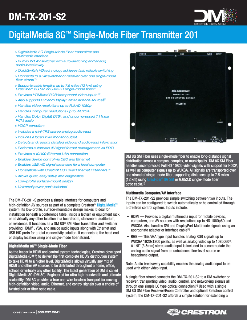 Page 1 de la notice Fiche technique Crestron DM-TX-201-S2