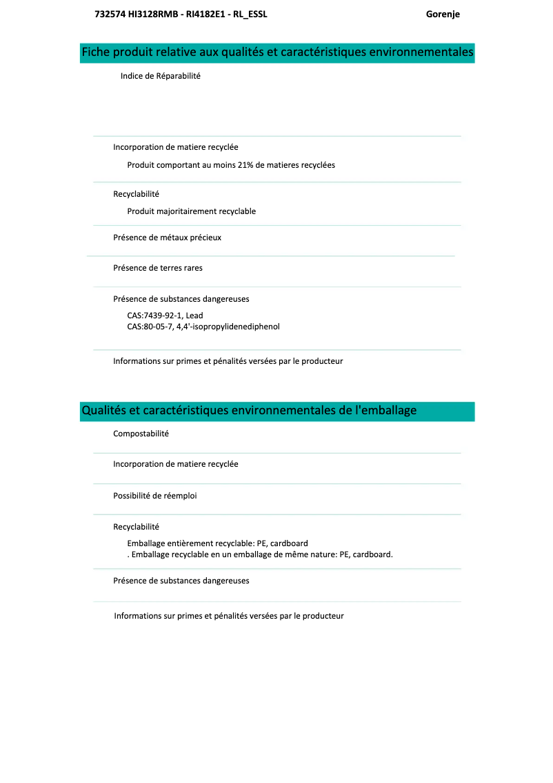 Page 1 de la notice Fiche technique Gorenje RI4182E1