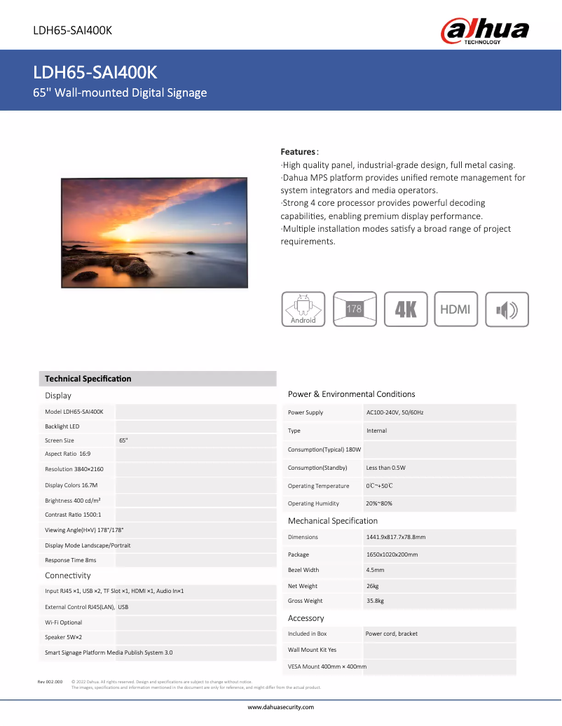 Page 1 de la notice Fiche technique Dahua Technology LDH65-SAI400K