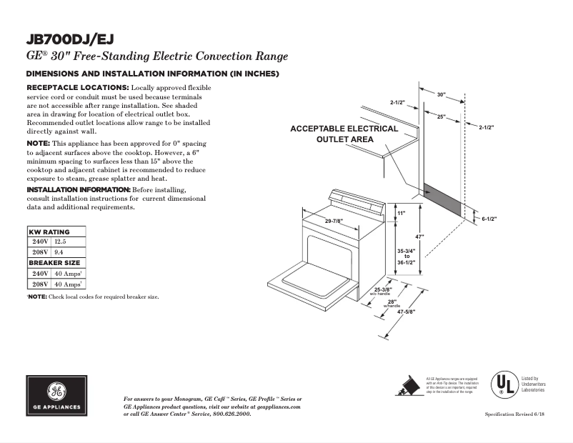 Page n°1 - Fiche technique GE JB700EJES