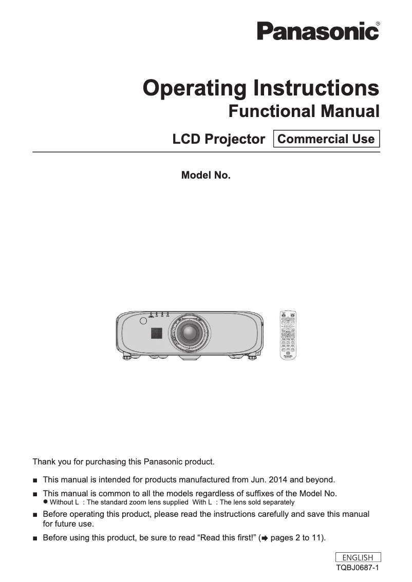 Page 1 of the manual User Manual Panasonic PT-EW540LU