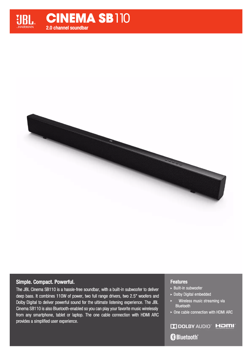 Page 1 de la notice Fiche technique JBL Cinema SB110