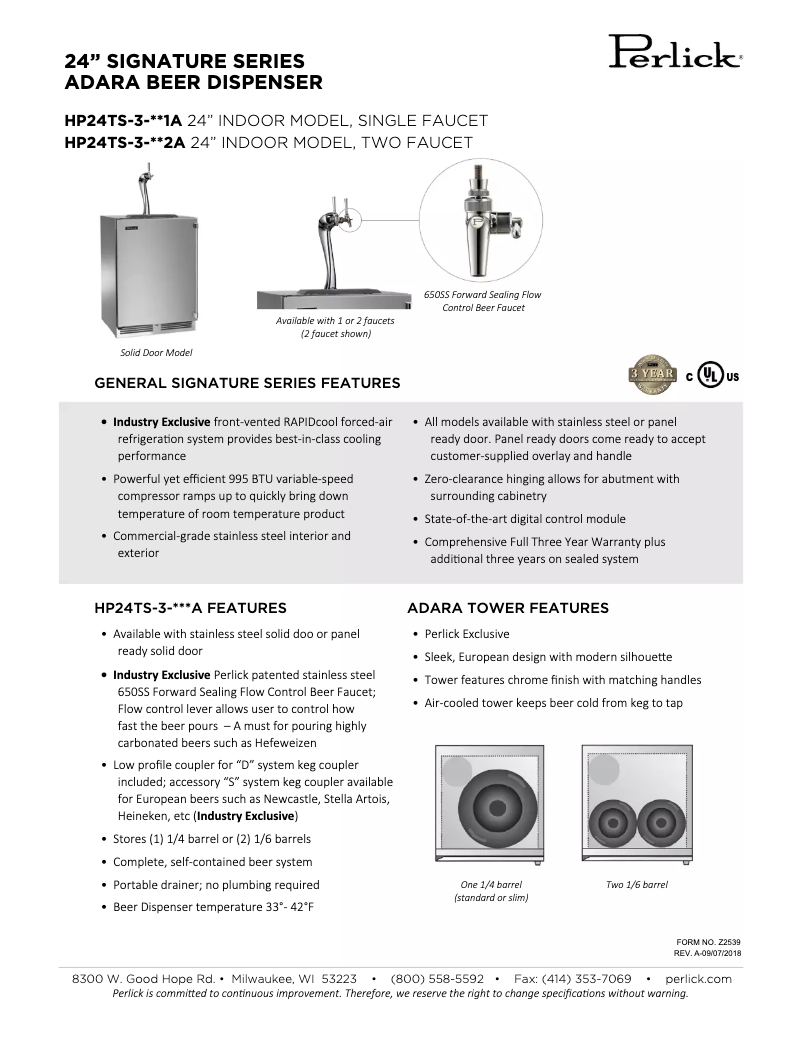 Page 1 de la notice Fiche technique Perlick Signature Series HP24TS-3-1R2A