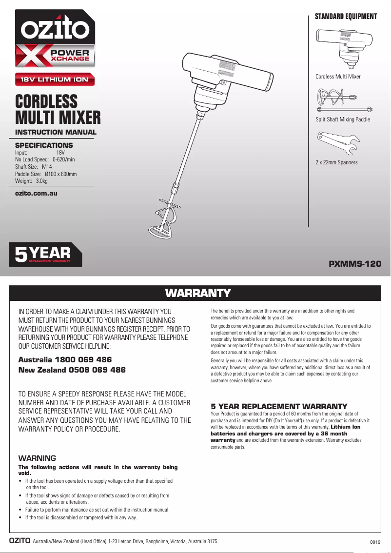 Page 1 de la notice Manuel utilisateur Ozito PXMMS-120