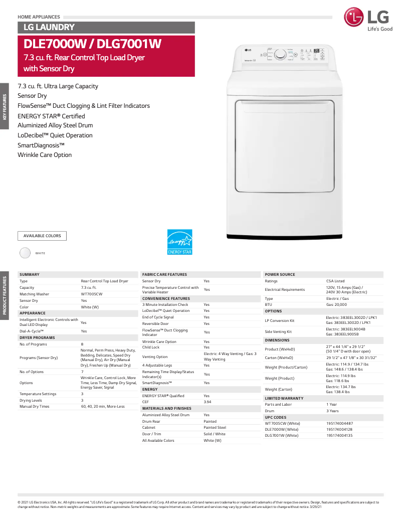 Página 1 del manual Ficha técnica LG DLE7000W