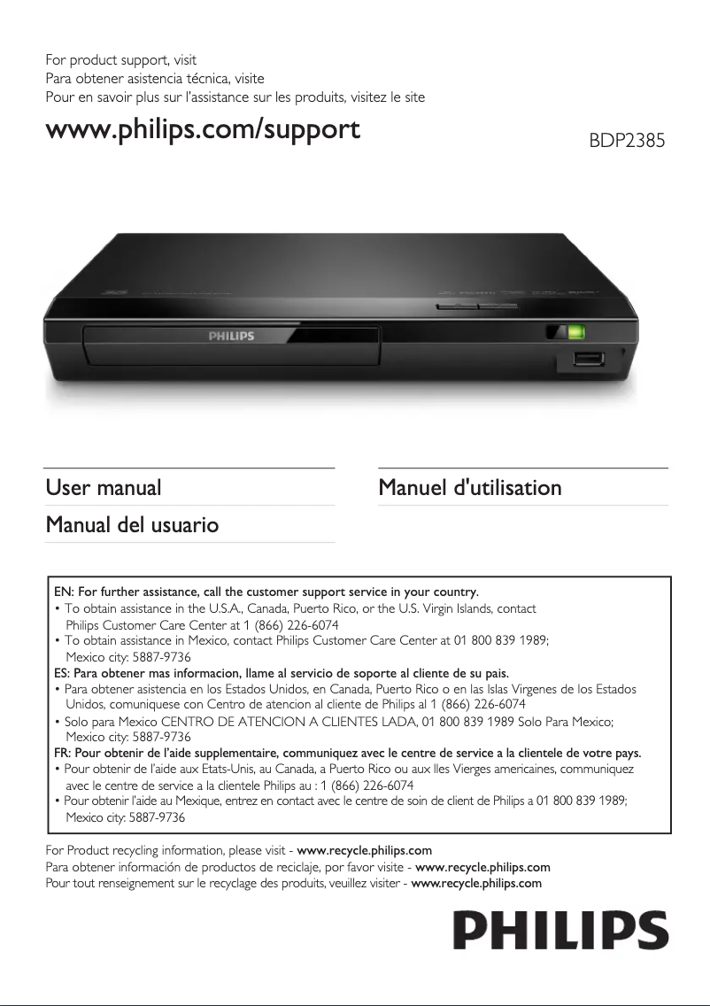 Page 1 de la notice Manuel utilisateur Philips BDP2385
