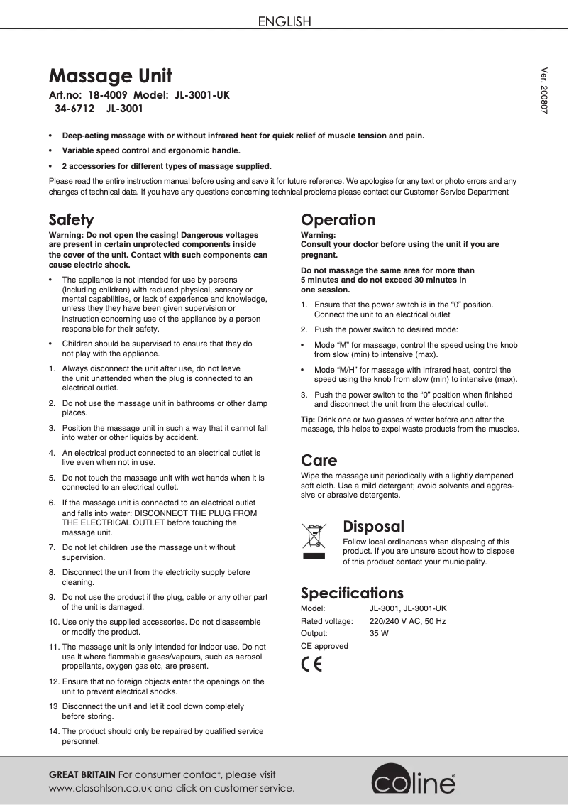 Page 1 de la notice Manuel utilisateur Coline JL-3001