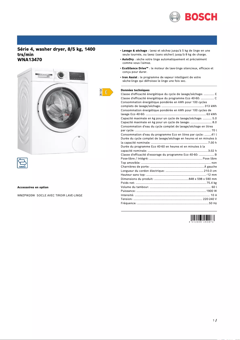 Page 1 of the manual Technical Sheet Bosch WNA13470