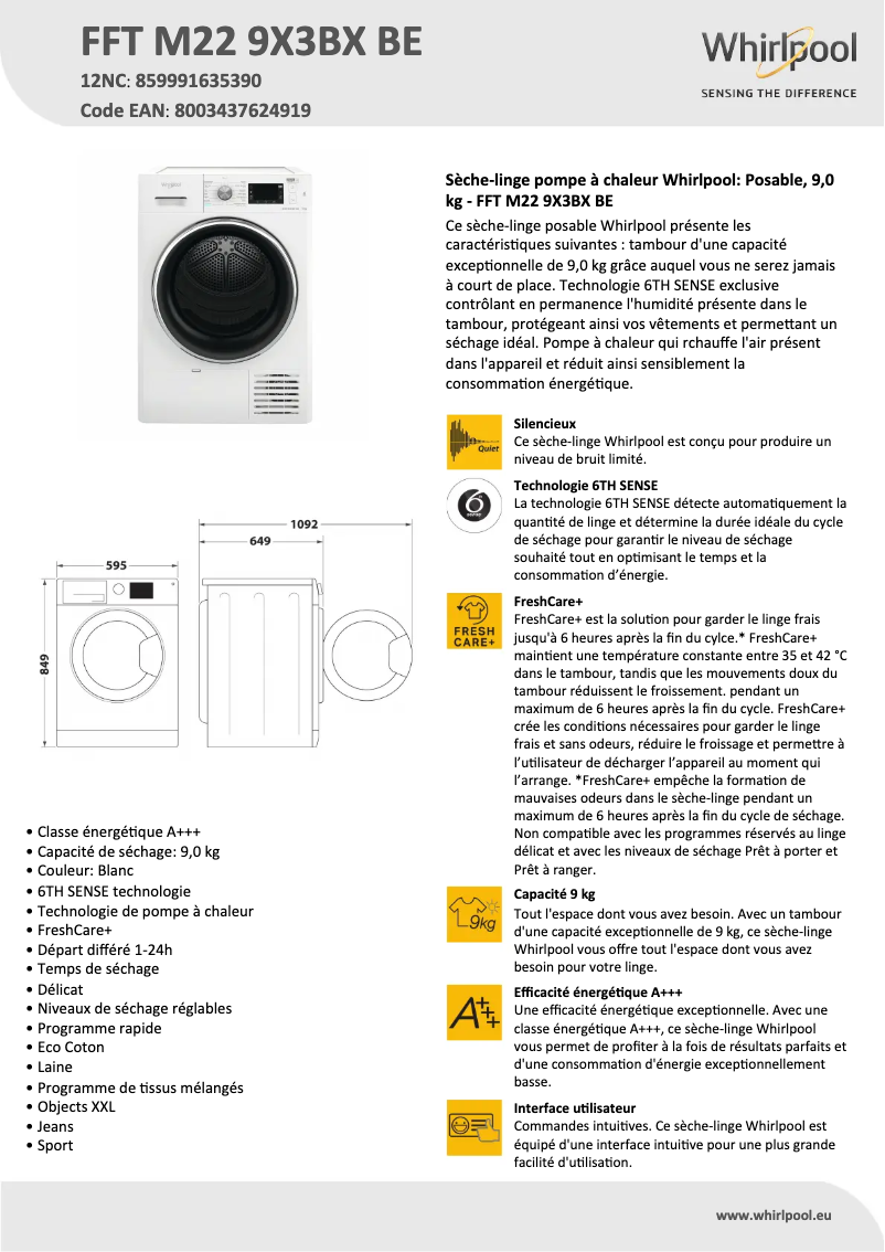 Page 1 de la notice Fiche technique Whirlpool FFT M22 9X3BX BE