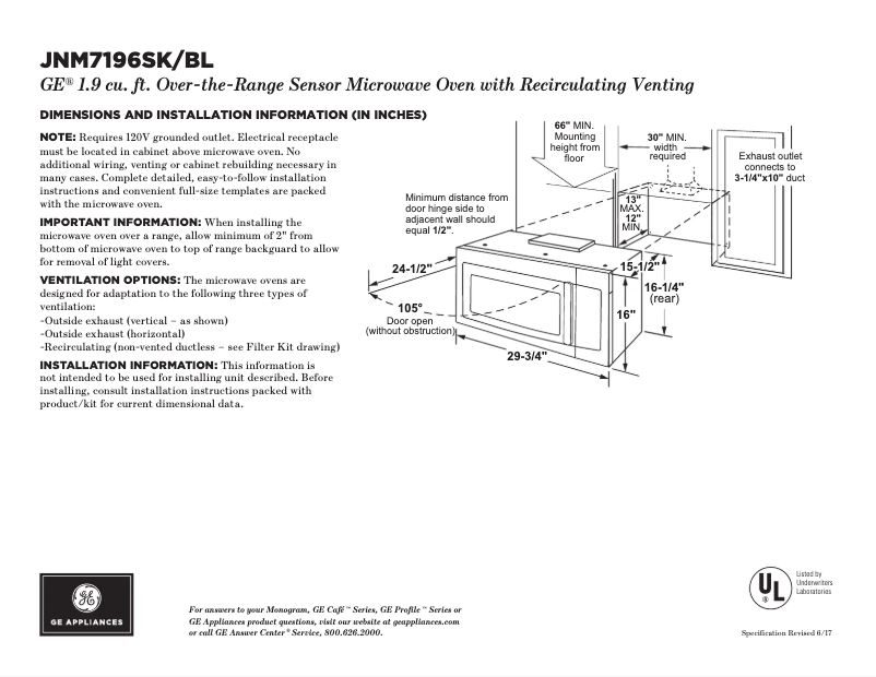 Page 1 de la notice Fiche technique GE JNM7196BLTS
