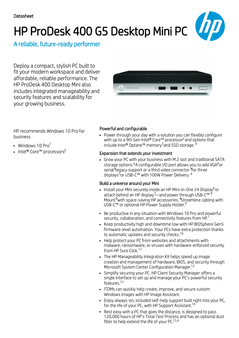 Page n°1 - Fiche technique HP Prodesk 400 G5