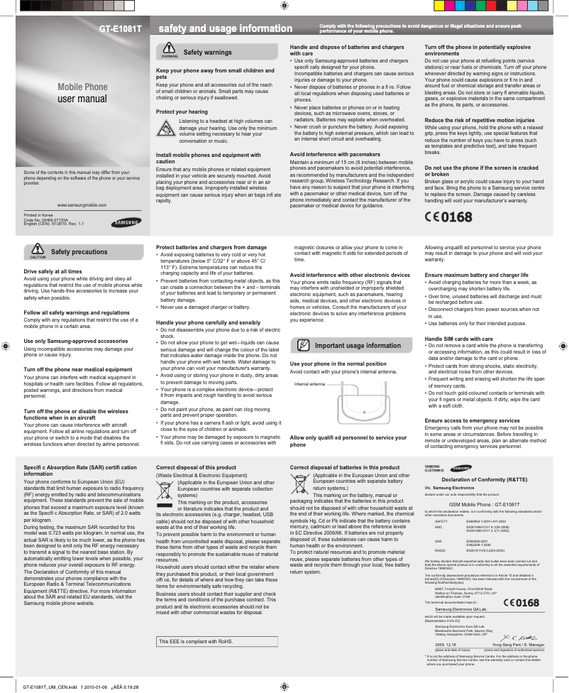 Page 1 de la notice Manuel utilisateur Samsung SGH-E1081T