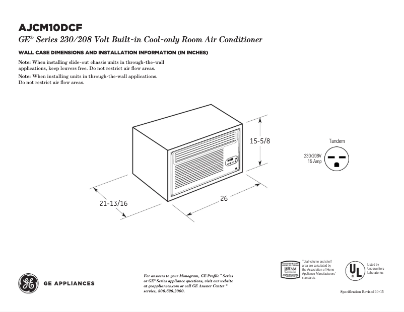 Page 1 of the manual Technical Sheet GE AJCM10DCF