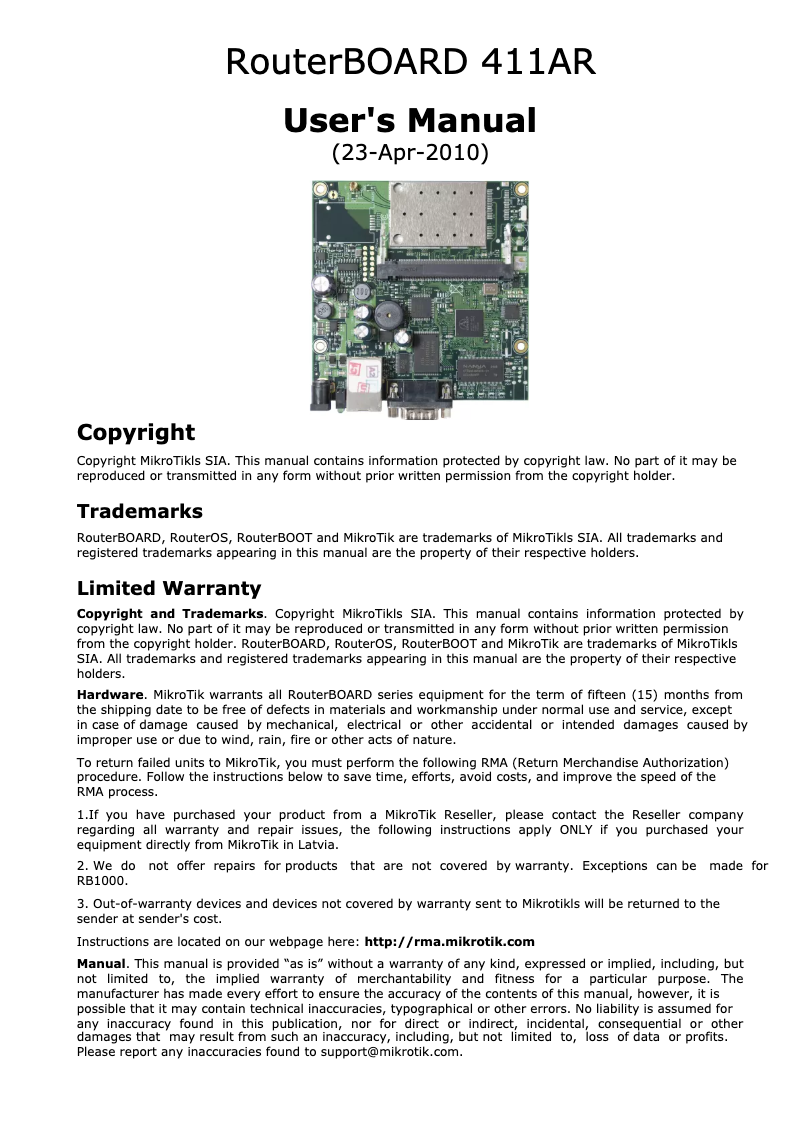 Page 1 de la notice Manuel utilisateur Mikrotik RB411AR