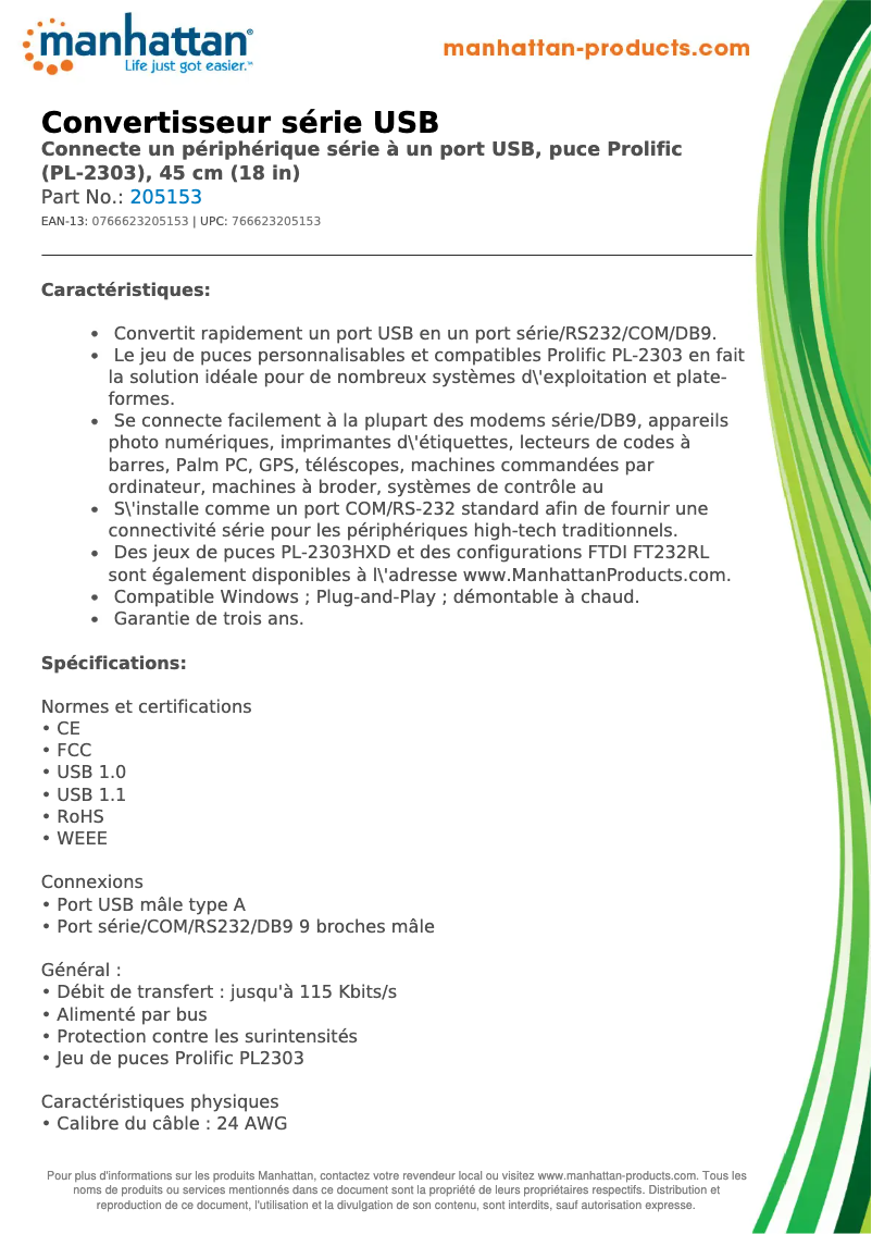 Page 1 de la notice Fiche technique Manhattan 205153