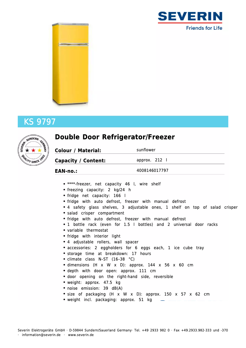 Page 1 de la notice Fiche technique Severin KS 9797