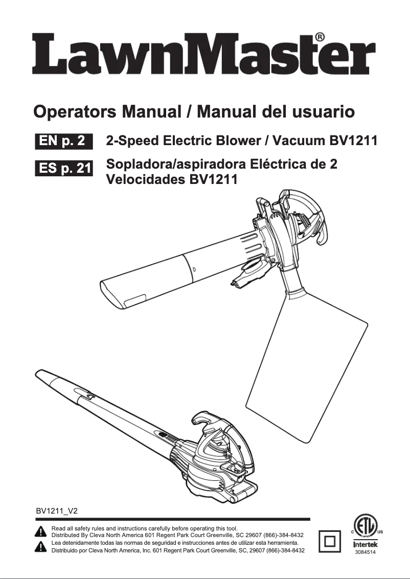 Page 1 de la notice Manuel utilisateur LawnMaster BV1211