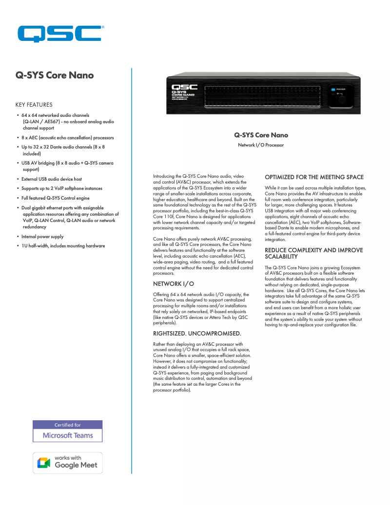 Page 1 de la notice Fiche technique QSC Core Nano